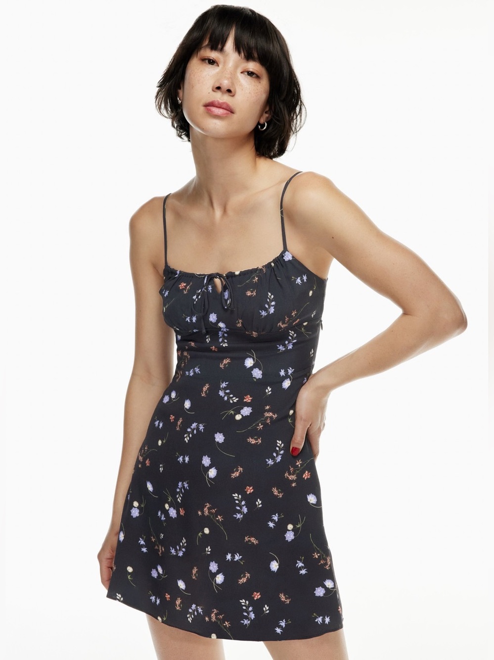 Aritzia Wilfred Black Floral Spaghetti-Strap Slip Dress